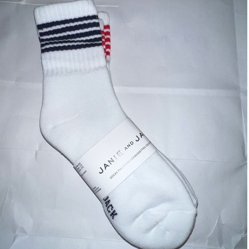 Janie and Jack Crew Socks Kids M White Navy Red‎ Striped 2-Pack Ribbed Athletic